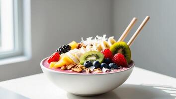 A colorful smoothie bowl topped with fresh fruits and nuts in natural light photo