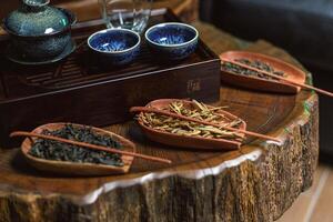 An Elegant and Inviting Tea Setup Featuring Beautiful Natural Elements and Unique Teas photo
