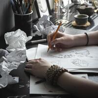 A Creative Workspace that includes a variety of Sketching and Design Materials for artists photo