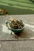 An Elegant Tea Presentation with Fresh Leaves Beautifully Displayed in Soft Nature Light photo