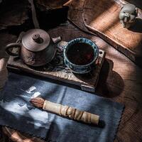 An Elegant Tea Setup Perfectly Positioned in a Serene and Tranquil Natural Setting photo