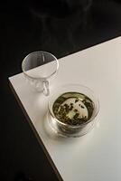 An Elegant Green Tea Presentation Arranged Artfully on a Minimalist Table Setting photo
