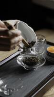 The preparation of tea using loose leaves and a dedicated tea set enhances the experience photo