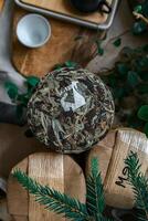 A rustic still life featuring natural textures intertwined with vibrant greenery elements photo