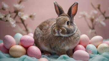 Adorable bunny surrounded by pastel Easter eggs and blossoms, creating a warm and festive springtime atmosphere. photo