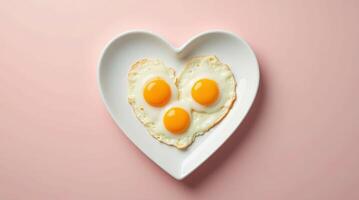 Three fried eggs served on a white heart-shaped plate against a pink background. Romantic breakfast and love-themed concept for Valentines Day designs photo