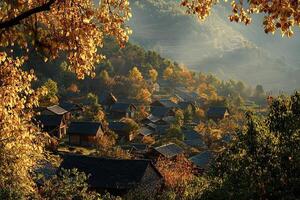 Autumnal village nestled in mountain valley, sunlight through trees. photo