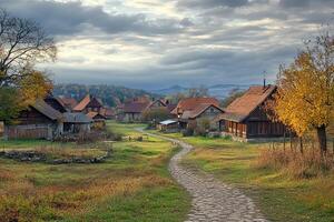 Charming autumn village scene with stone path, traditional wooden houses, and colorful foliage. photo