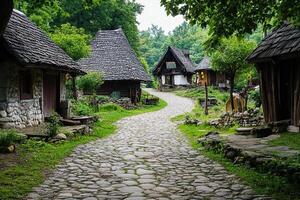 Cobblestone path winds through quaint village with traditional wooden houses and lush greenery. photo