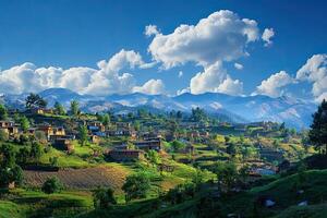 Hillside village nestled in mountains under a vibrant blue sky with fluffy clouds. photo