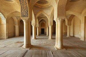 Ancient Islamic architecture interior, columns, arches, mosaic floor, sunlight. photo