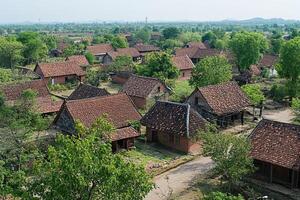 Aerial view of a rural village with traditional houses and lush greenery. photo