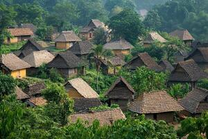 Aerial view of a rural village nestled in a lush green valley. photo