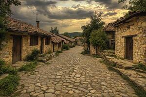 Cobblestone street in a historic stone village at sunset. photo