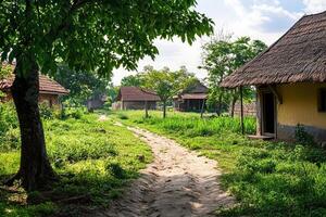 Dirt path leads through quaint village with traditional houses and lush greenery under sunny sky. photo