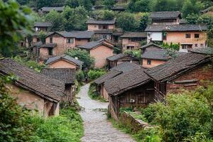 Hillside village with traditional houses and stone path. photo