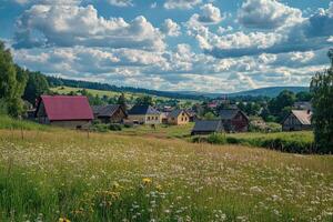 Idyllic village nestled in a vibrant flower meadow, under a sunny sky. photo
