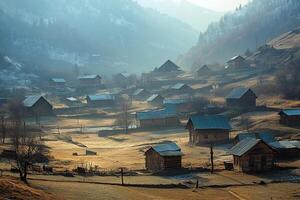 Misty mountain village at sunrise. photo