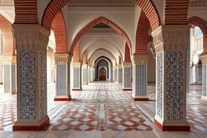 Elegant arched colonnade with intricate tilework and marble flooring. photo