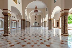 Elegant marble hall with arched ceilings, columns, and intricate floor patterns. photo