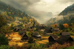 Misty mountain village in autumn. photo