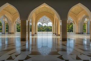 Grand hall with ornate arches, marble floor, and serene garden view. photo