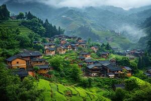 Misty mountain village with terraced rice fields. photo