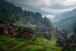 Misty mountain village with terraced rice fields and traditional houses. photo