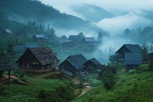 Misty mountain village with traditional houses nestled in green terraced hills. photo