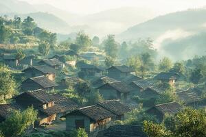 Misty mountain village with traditional houses at sunrise. photo