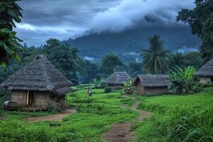 Misty mountain village with thatched huts and rice paddies. photo
