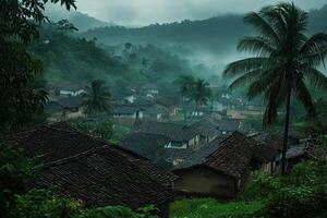Misty mountain village with traditional houses and lush greenery. photo