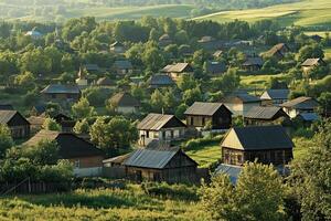 Picturesque rural village nestled in a verdant valley at sunrise. photo