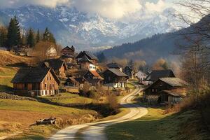 Picturesque village nestled in a valley, surrounded by mountains. photo