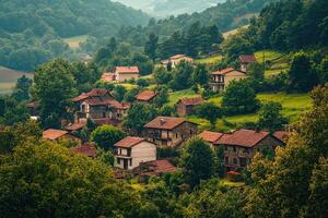 Picturesque village nestled in a lush green valley, surrounded by rolling hills and dense forest. photo
