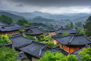 Panoramic view of traditional Korean village nestled in mountains. photo