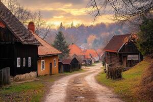 Picturesque autumn village road at sunset. photo