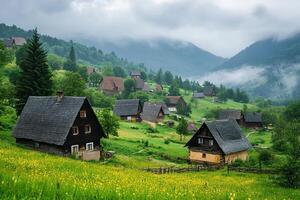 Picturesque mountain village with traditional wooden houses on green hills. photo