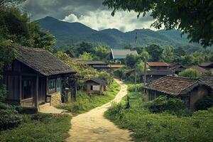 Picturesque village nestled in a lush green valley, surrounded by mountains under a dramatic sky. photo