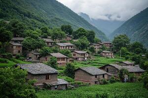 Mountain village nestled in green hills. photo