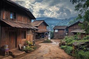 Rustic wooden houses line a dirt road in a mountainous village. photo