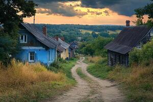 Scenic sunset view of a quaint village with rustic houses and a dirt road winding through lush greenery. photo