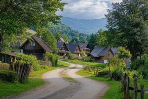 Scenic village road winding through traditional houses nestled in a lush green valley, mountains in the background. photo