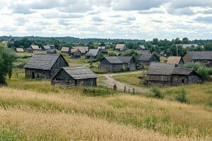 Rustic wooden houses in a rural village setting, surrounded by golden fields under a cloudy sky. photo