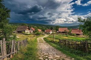 Scenic village road with stone path, traditional houses, and dramatic sky. photo