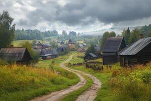 Serene village nestled in a valley, winding road, traditional houses, misty mountains, overcast sky. photo