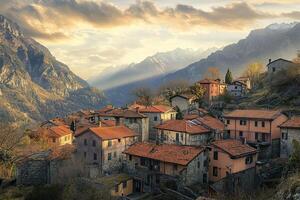 Scenic mountain village at sunset, terracotta roofs, stone houses, valley view. photo