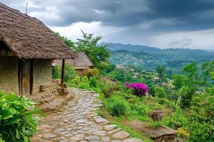 Stone path leads to traditional thatched houses nestled in lush green hillside village under dramatic sky. photo