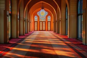 Sunlit corridor with stained-glass window and red carpet. photo