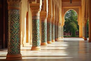 Sunlit colonnade with intricate tilework and arched doorway leading to a garden. photo